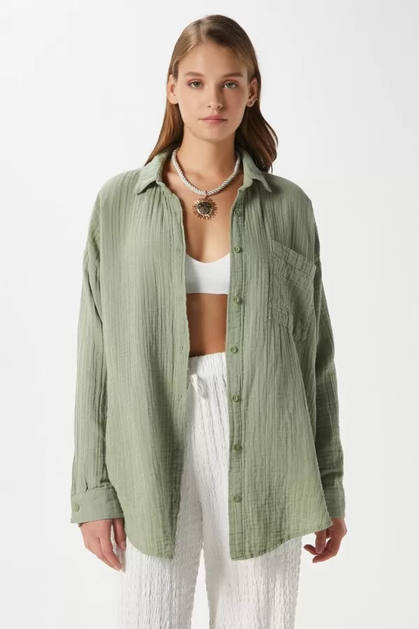 Çağla Yeşili Pamuklu Müslin Kumaş Kadın Gömlek