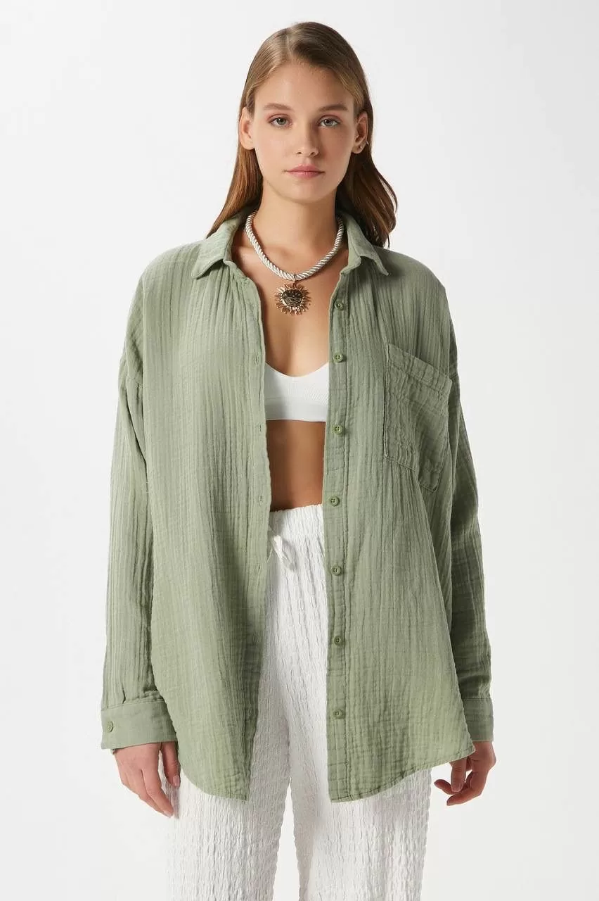 Çağla Yeşili Pamuklu Müslin Kumaş Kadın Gömlek
