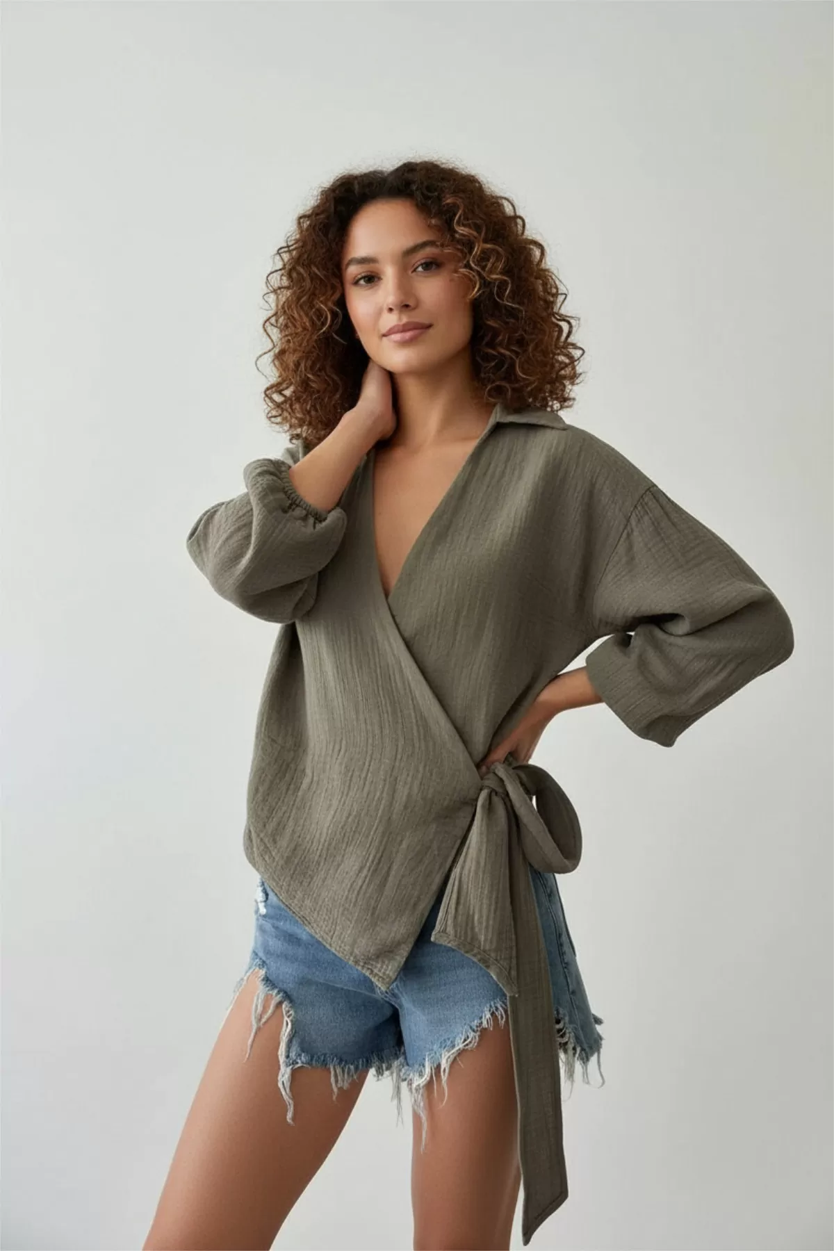 Çağla Yeşili Pamuklu Müslin Kumaş Kruvaze Bluz