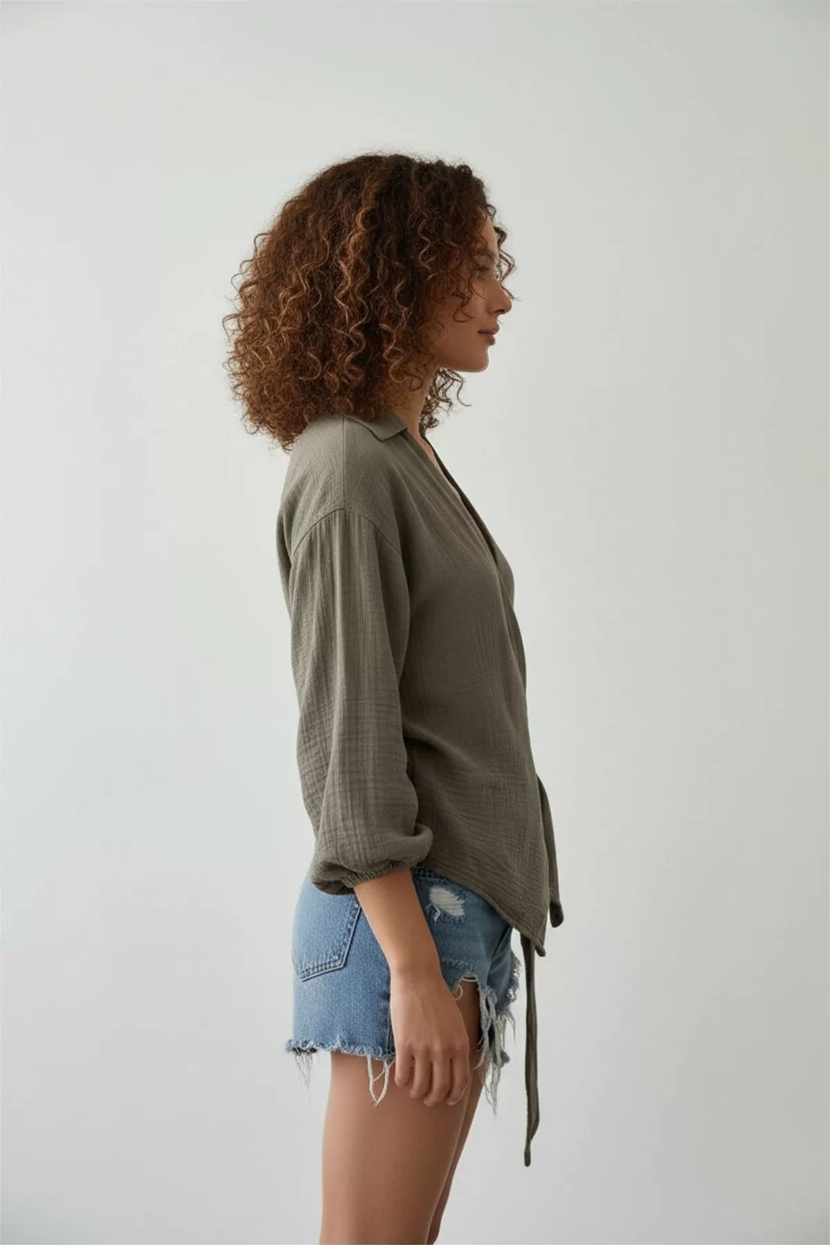 Çağla Yeşili Pamuklu Müslin Kumaş Kruvaze Bluz