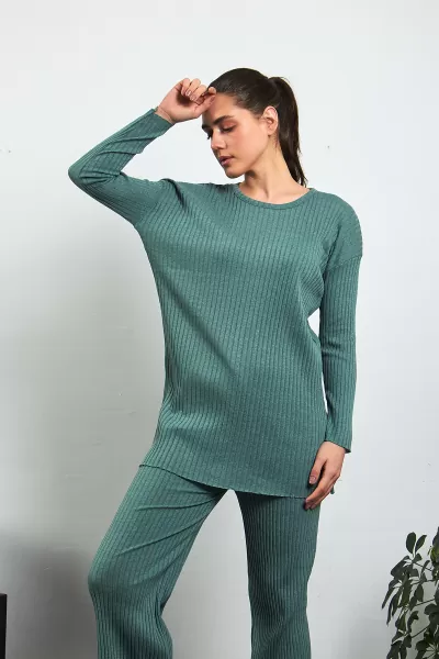 Çağla Yeşili Pamuklu Pantolon Tunik İkili Takım