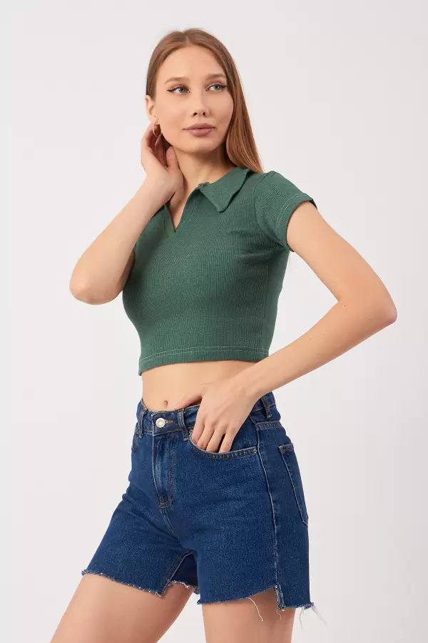 Cam Göbeği Pamuklu Kaşkorse Crop Bluz