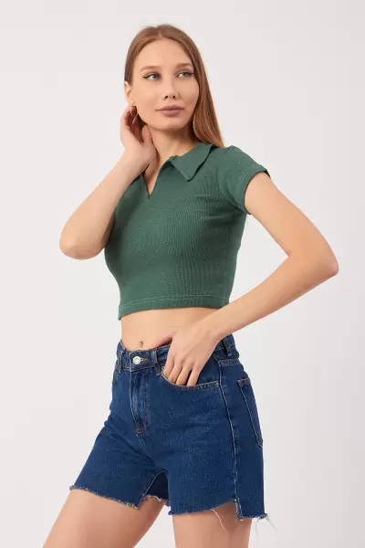 Cam Göbeği Pamuklu Kaşkorse Crop Bluz