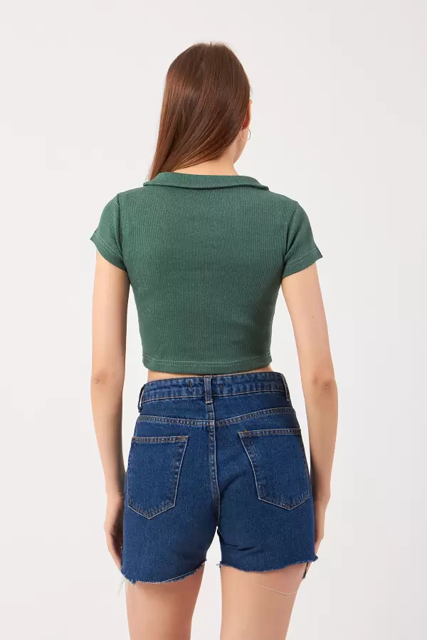 Cam Göbeği Pamuklu Kaşkorse Crop Bluz