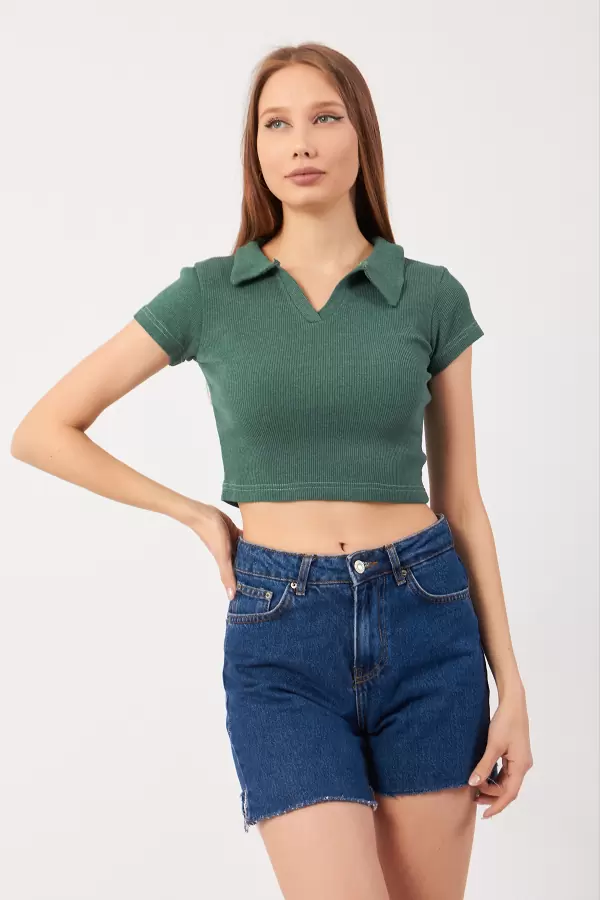 Cam Göbeği Pamuklu Kaşkorse Crop Bluz