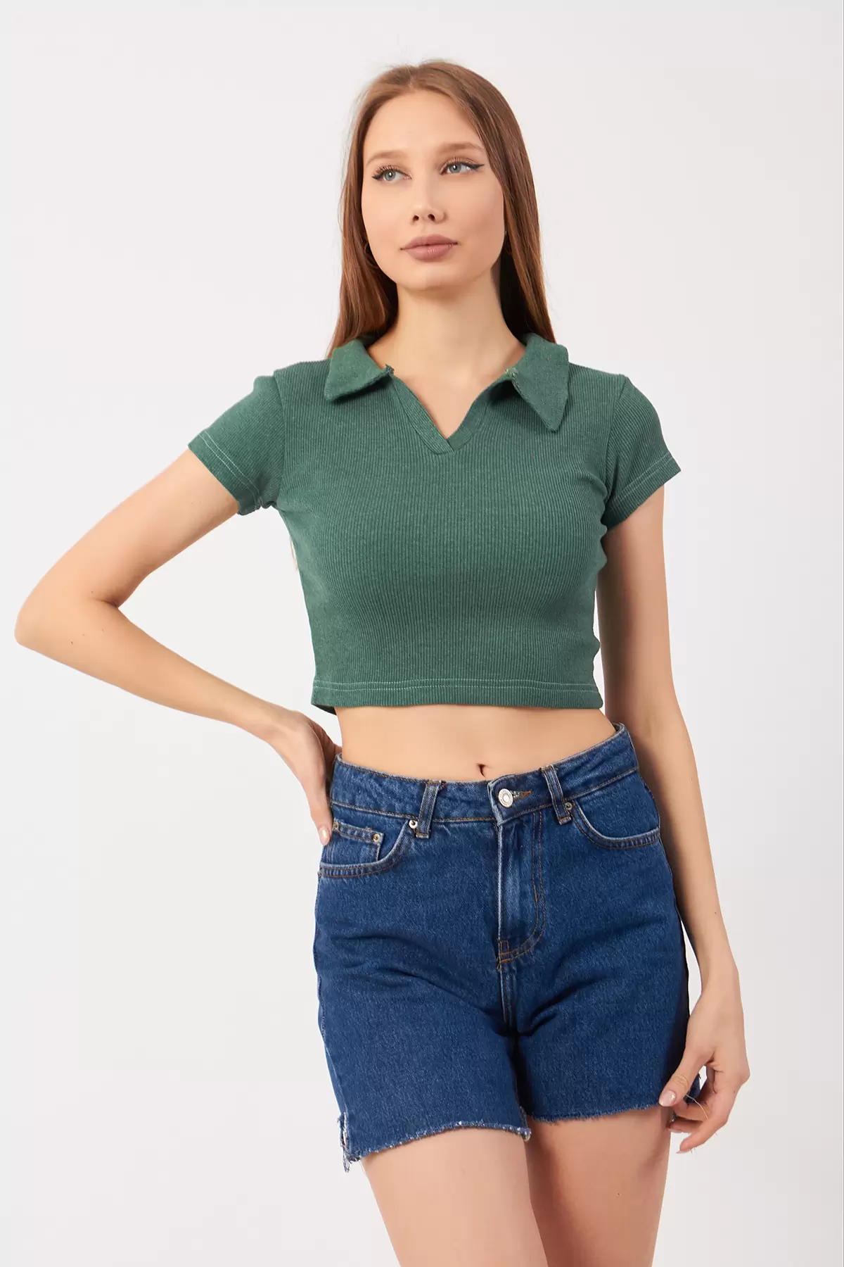 Cam Göbeği Pamuklu Kaşkorse Crop Bluz