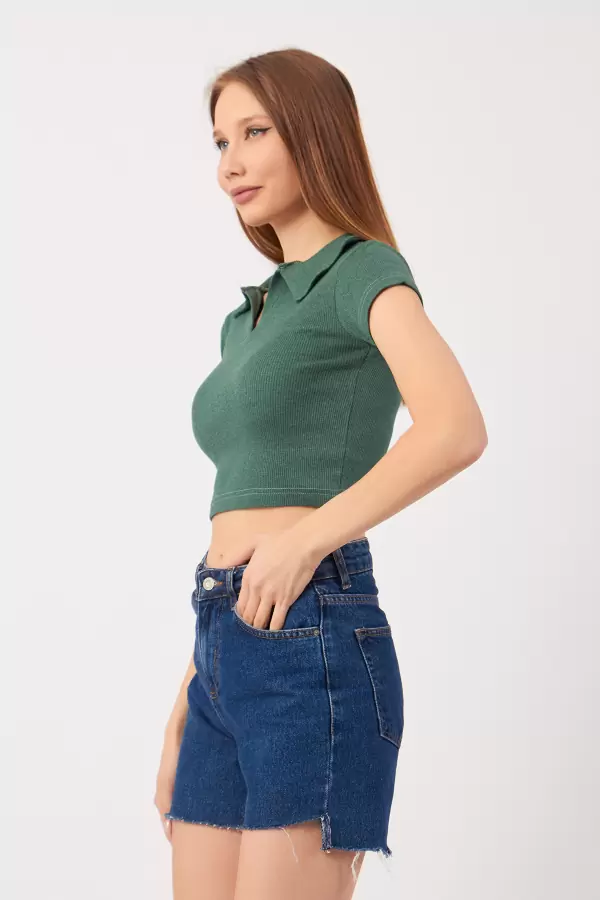 Cam Göbeği Pamuklu Kaşkorse Crop Bluz