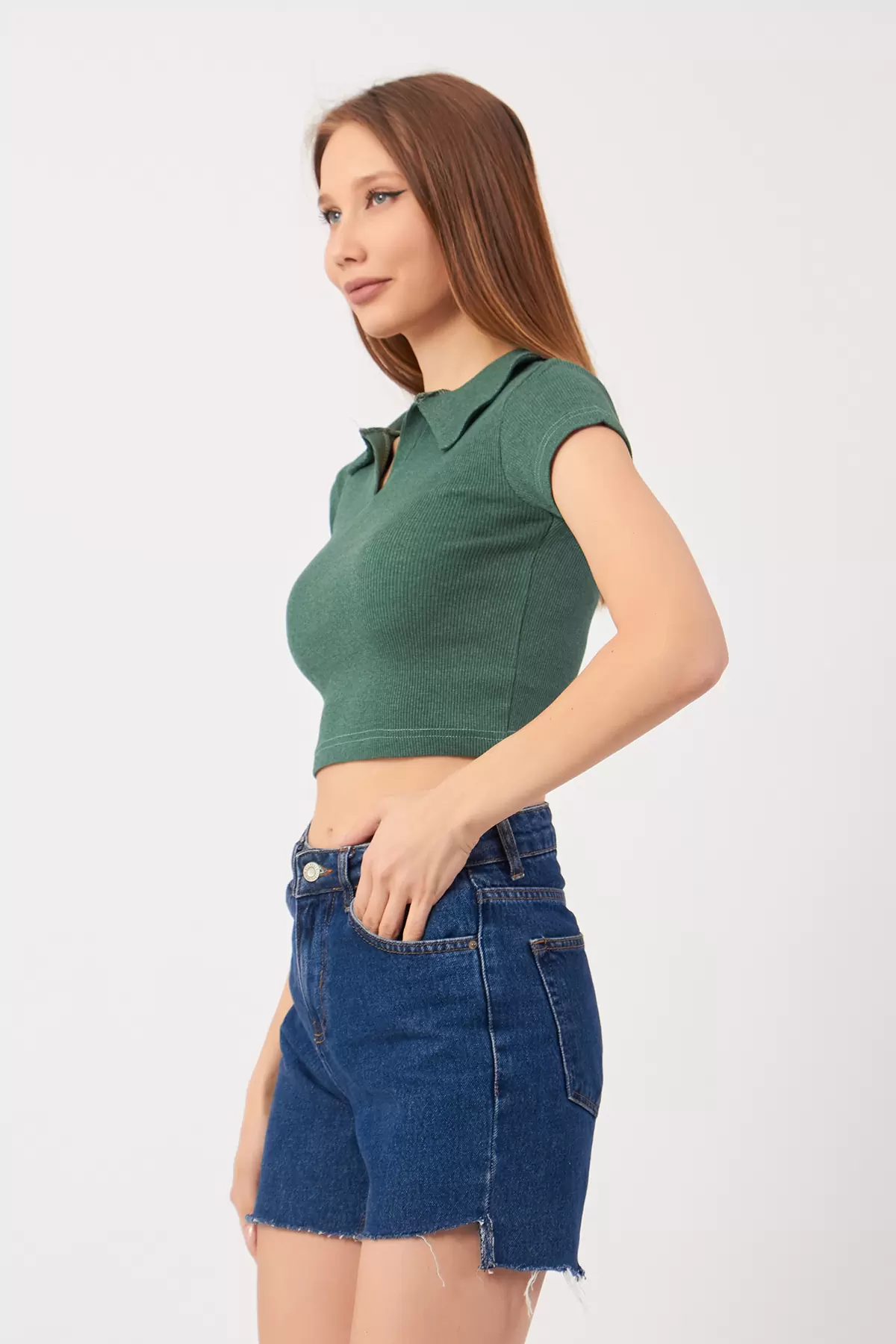 Cam Göbeği Pamuklu Kaşkorse Crop Bluz