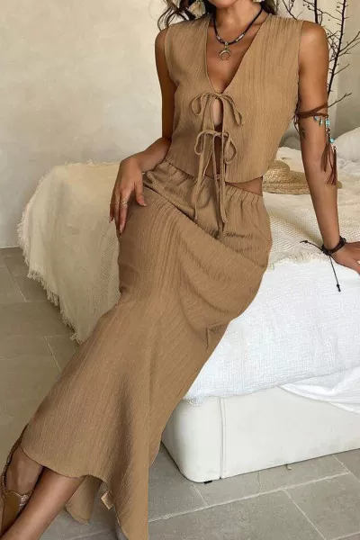 Camel İp Bağlamalı Bluz Etek Alt Üst Takım