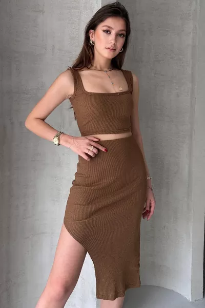 Camel Kaşkorse Crop Etek Takım