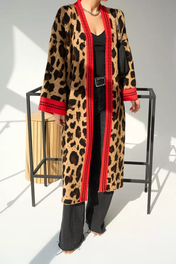 Camel Kırmızı Uzun Leopar Desenli Triko Kadın Hırka