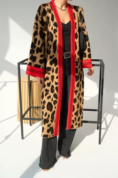 Camel Kırmızı Uzun Leopar Desenli Triko Kadın Hırka