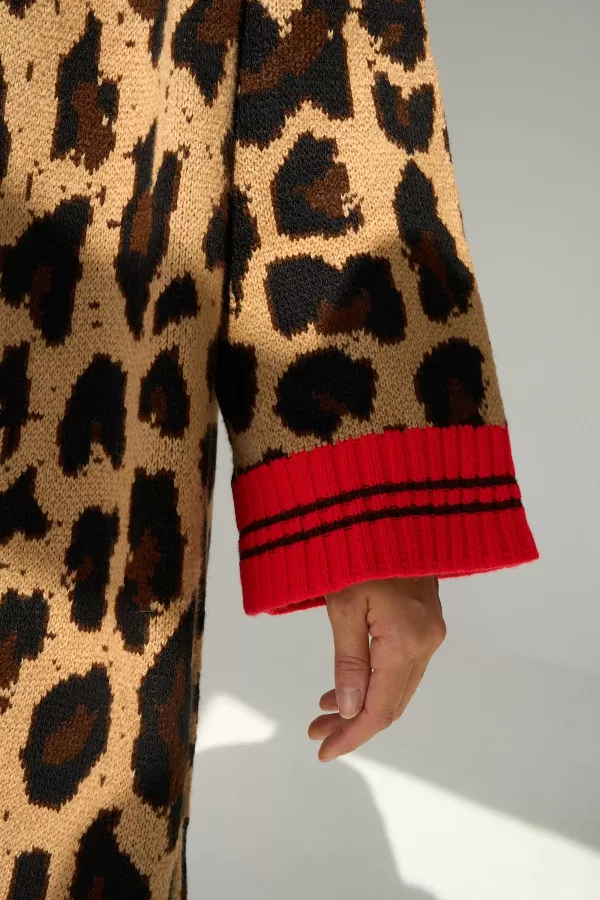 Camel Kırmızı Uzun Leopar Desenli Triko Kadın Hırka