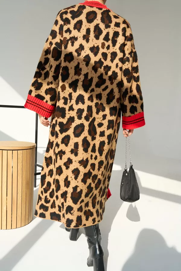 Camel Kırmızı Uzun Leopar Desenli Triko Kadın Hırka