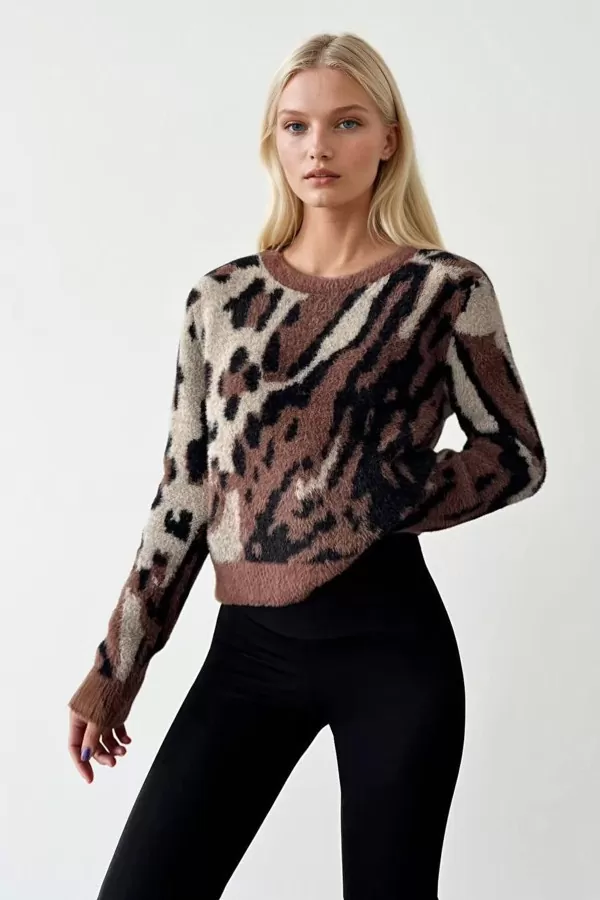 Camel Siyah Soyut Desenli Triko Kadın Kazak