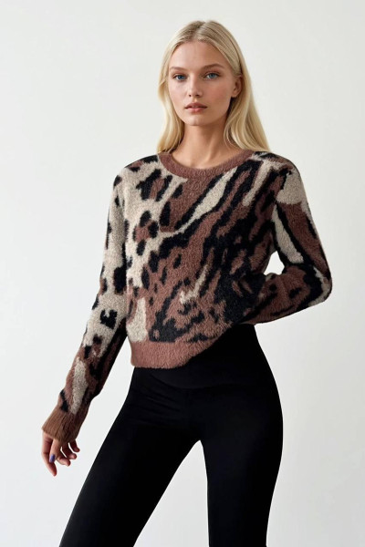 Camel Siyah Soyut Desenli Triko Kadın Kazak