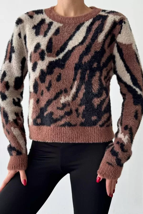 Camel Siyah Soyut Desenli Triko Kadın Kazak