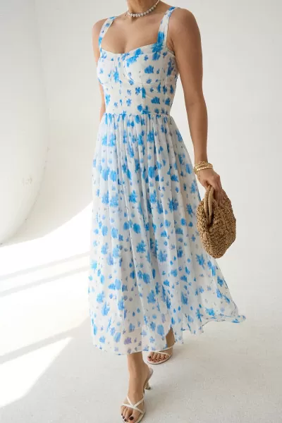Çiçek Baskılı Mavi Uzun Şifon Elbise