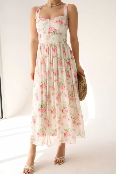 Çiçek Baskılı Pembe Uzun Şifon Elbise