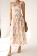 Çiçek Baskılı Pembe Uzun Şifon Elbise