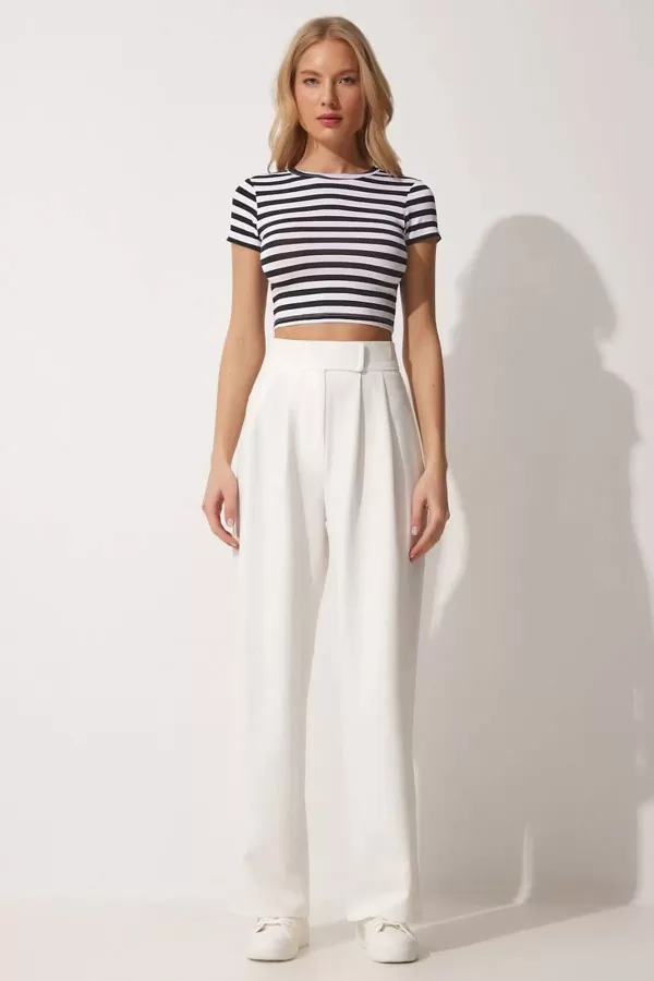 Cırt Cırt Kapamalı Beyaz Kadın Palazzo Pantolon