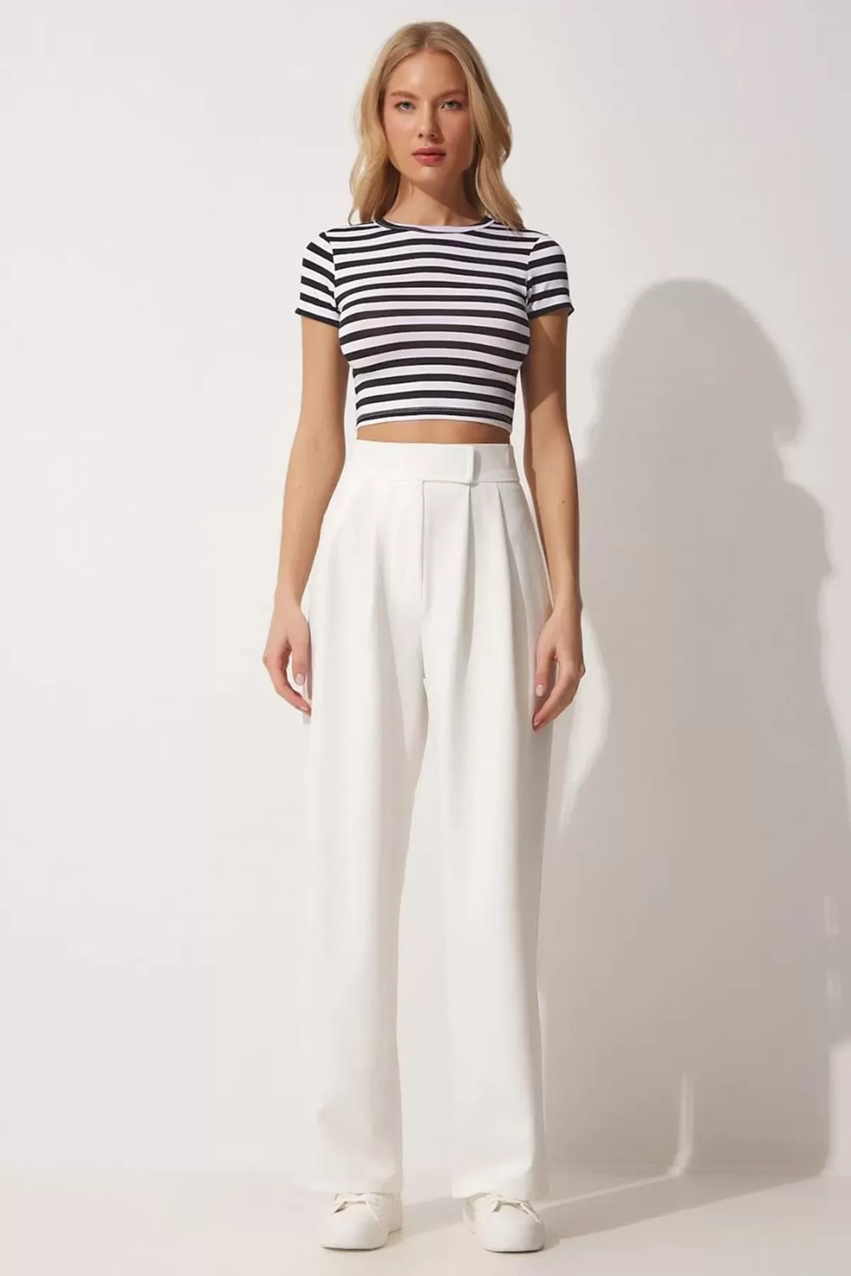 Cırt Cırt Kapamalı Beyaz Kadın Palazzo Pantolon