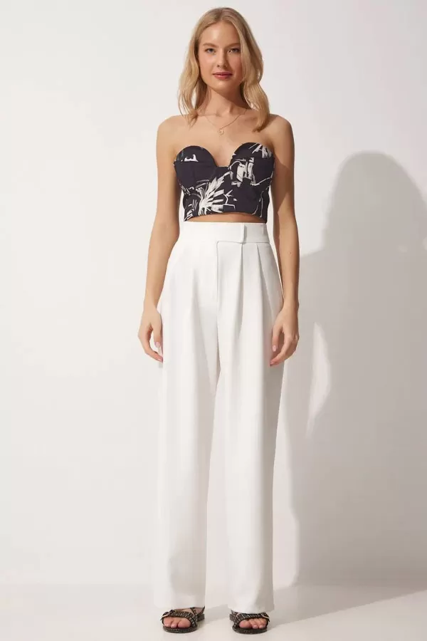 Cırt Cırt Kapamalı Beyaz Kadın Palazzo Pantolon