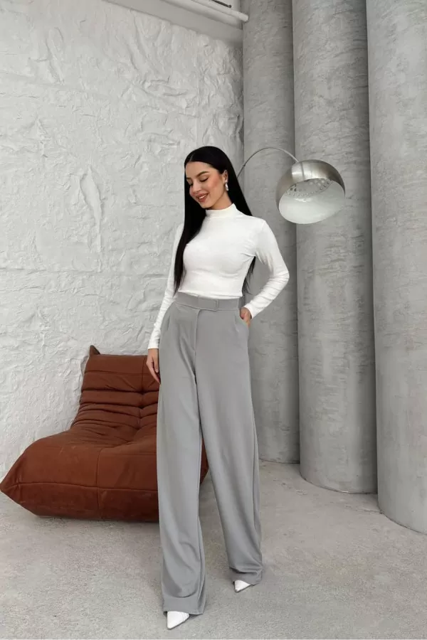 Cırt Cırt Kapamalı Gri Kadın Palazzo Pantolon