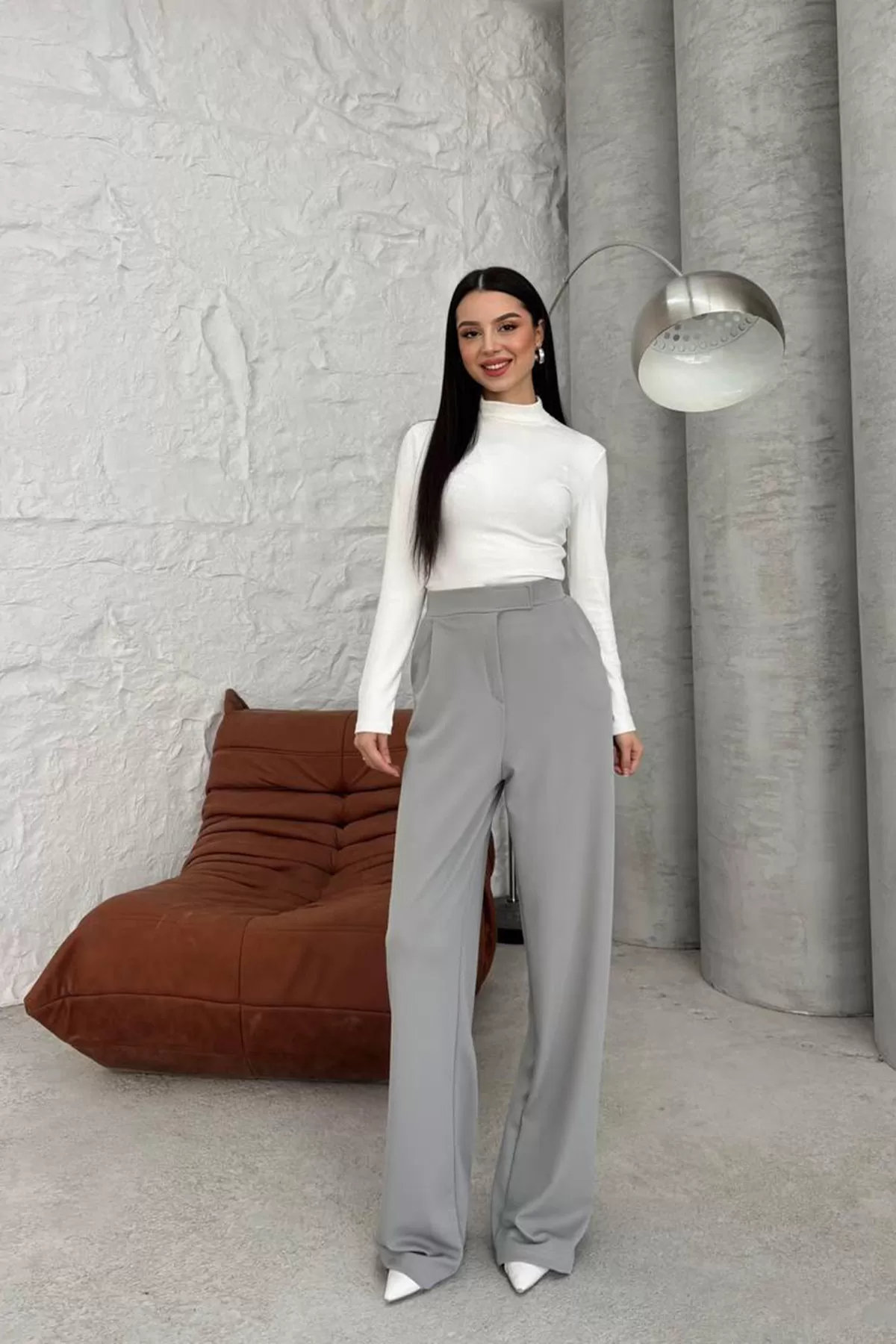 Cırt Cırt Kapamalı Gri Kadın Palazzo Pantolon