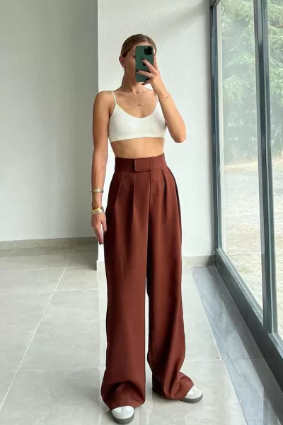 Cırt Cırt Kapamalı Kahverengi Kadın Palazzo Pantolon