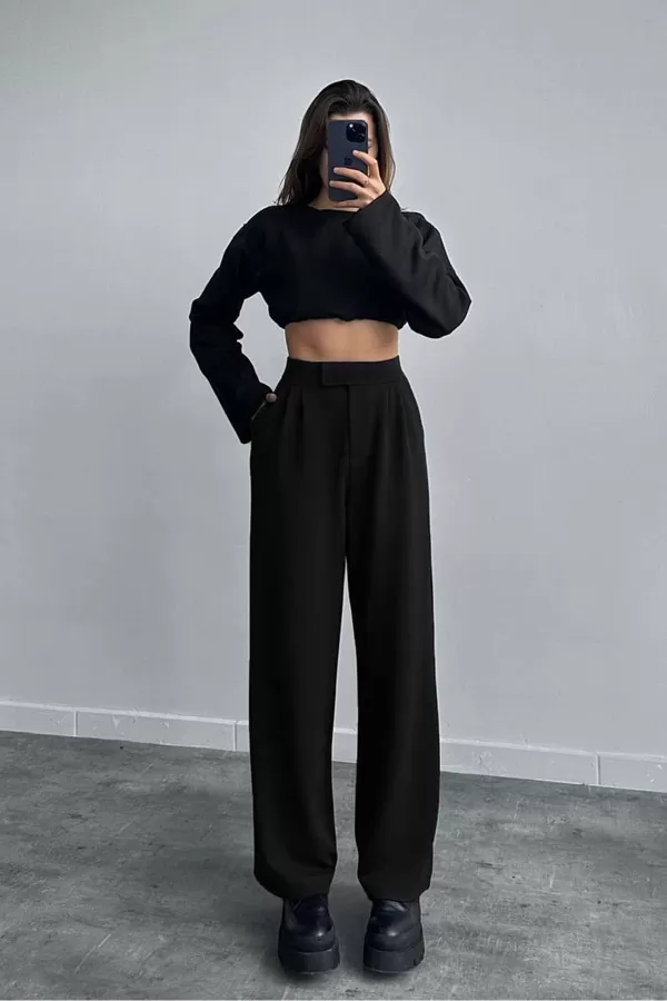 Cırt Cırt Kapamalı Siyah Kadın Palazzo Pantolon