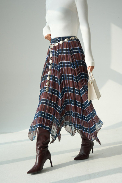 Çizgili Kahverengi Asimetrik Kesim Kloş Etek