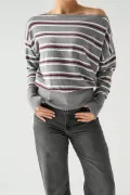 Çizgili Kayık Yaka Gri Kadın Kazak