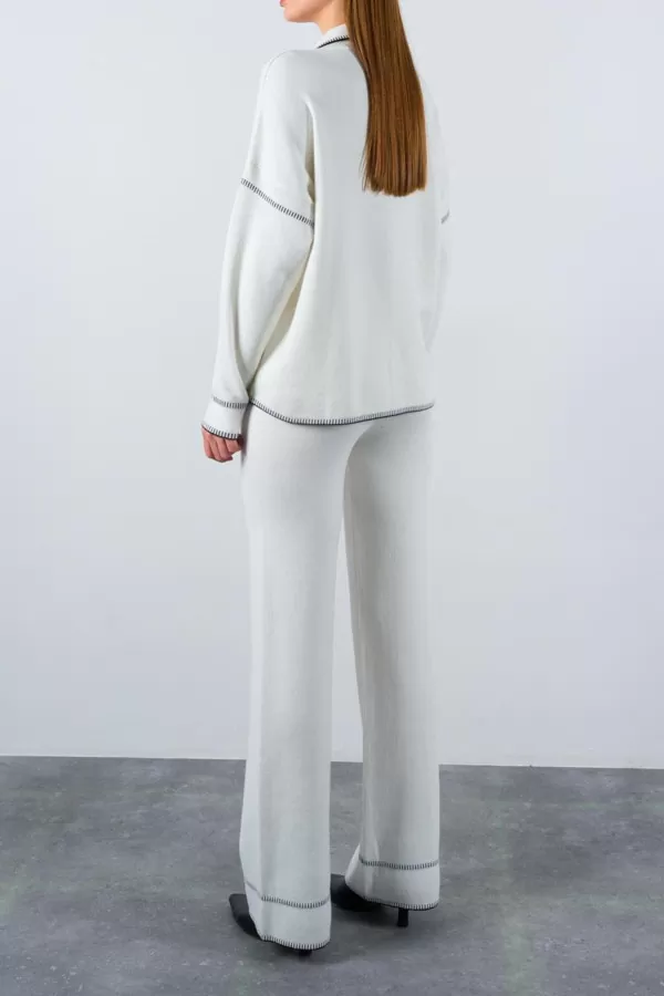 Çoban Dikişli Ekru Siyah Triko Pantolon Hırka Takım