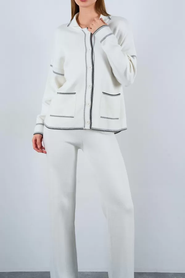 Çoban Dikişli Ekru Siyah Triko Pantolon Hırka Takım