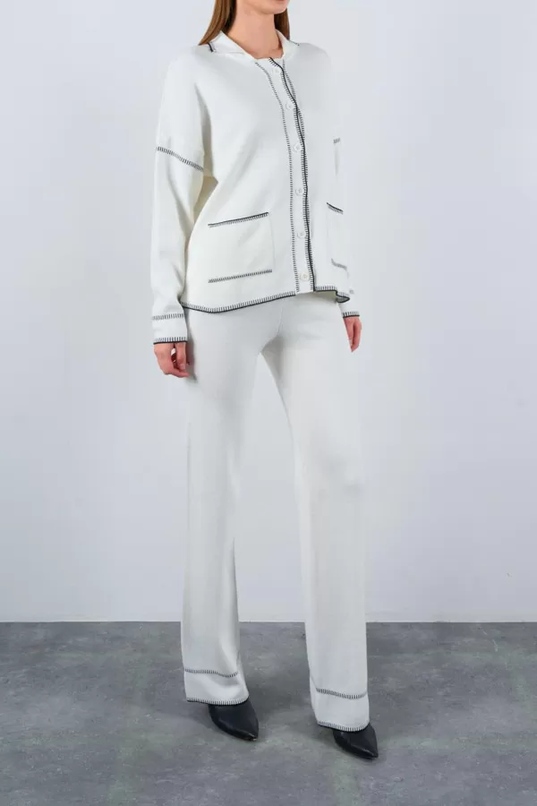 Çoban Dikişli Ekru Siyah Triko Pantolon Hırka Takım