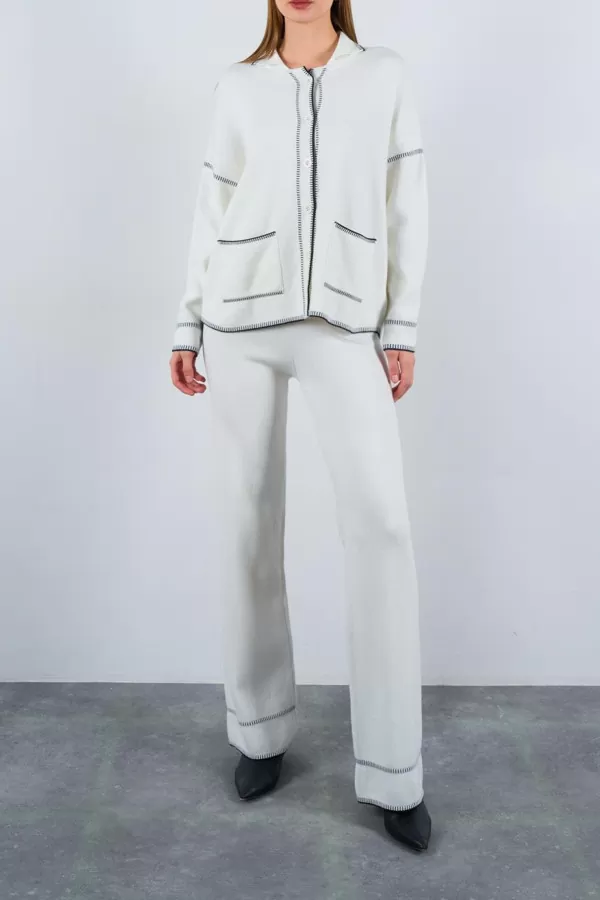 Çoban Dikişli Ekru Siyah Triko Pantolon Hırka Takım