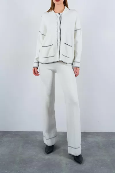 Çoban Dikişli Ekru Siyah Triko Pantolon Hırka Takım