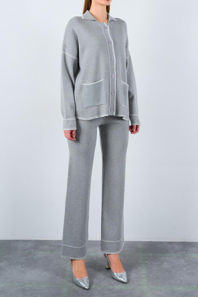 Çoban Dikişli Gri Ekru Triko Pantolon Hırka Takım