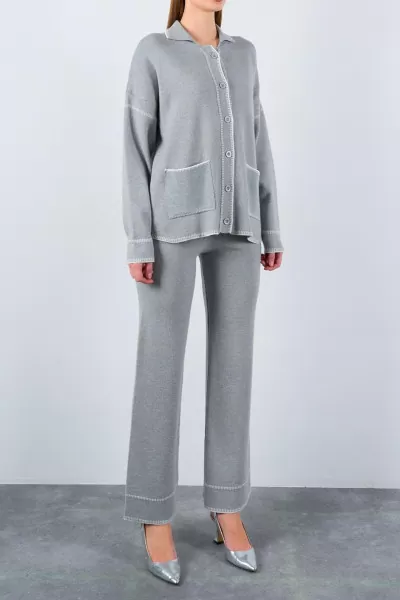 Çoban Dikişli Gri Ekru Triko Pantolon Hırka Takım