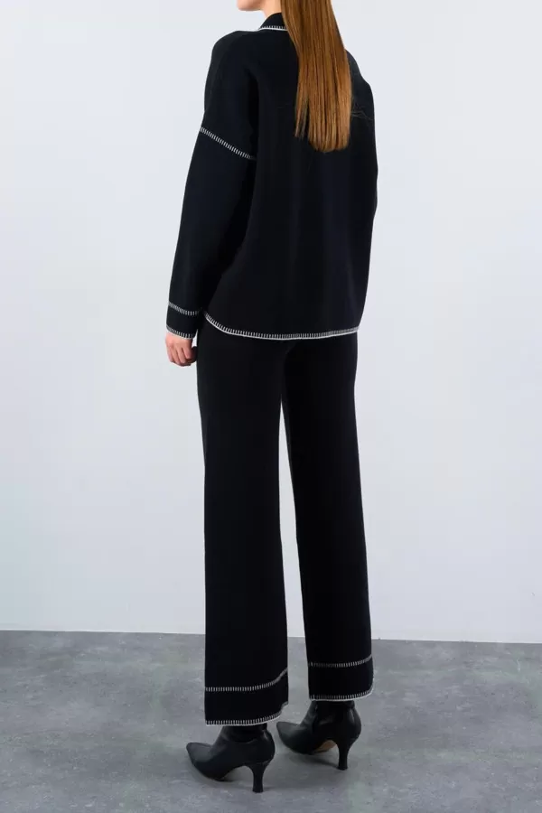 Çoban Dikişli Siyah Ekru Triko Pantolon Hırka Takım