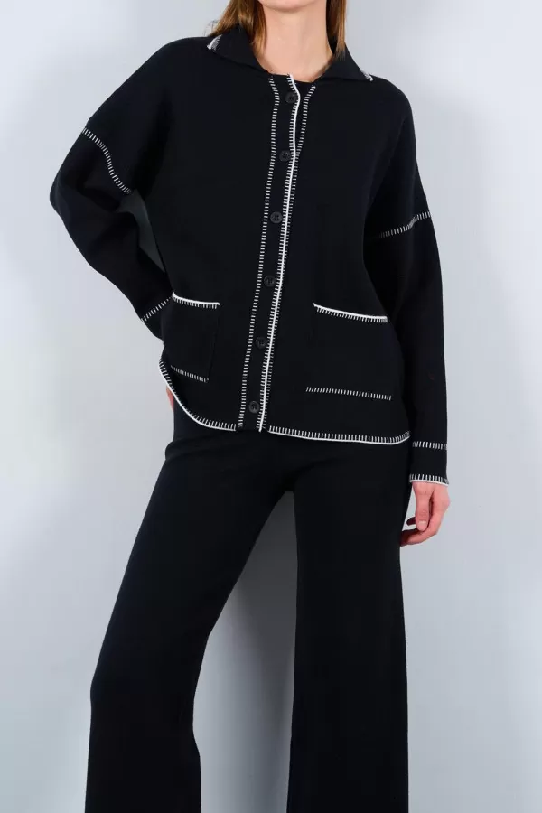 Çoban Dikişli Siyah Ekru Triko Pantolon Hırka Takım