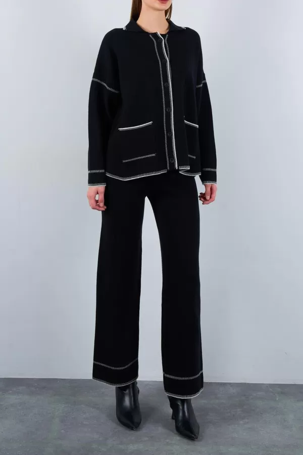 Çoban Dikişli Siyah Ekru Triko Pantolon Hırka Takım