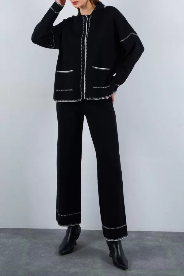 Çoban Dikişli Siyah Ekru Triko Pantolon Hırka Takım