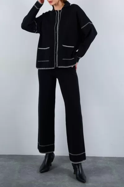 Çoban Dikişli Siyah Ekru Triko Pantolon Hırka Takım