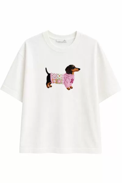 Dachshund Nakış İşlemeli Beyaz Pamuklu Kadın Tişört