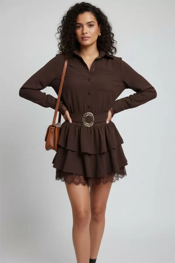 Dantel Detaylı Kahverengi Gömlek Fırfırlı Etek Takım