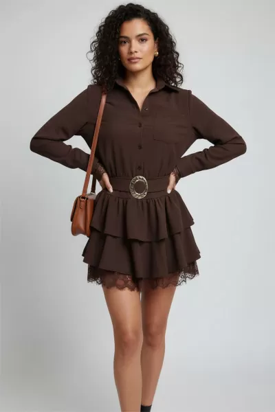 Dantel Detaylı Kahverengi Gömlek Fırfırlı Etek Takım