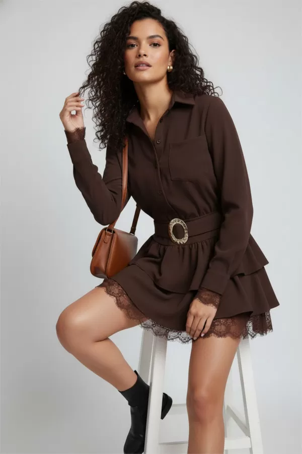 Dantel Detaylı Kahverengi Gömlek Fırfırlı Etek Takım
