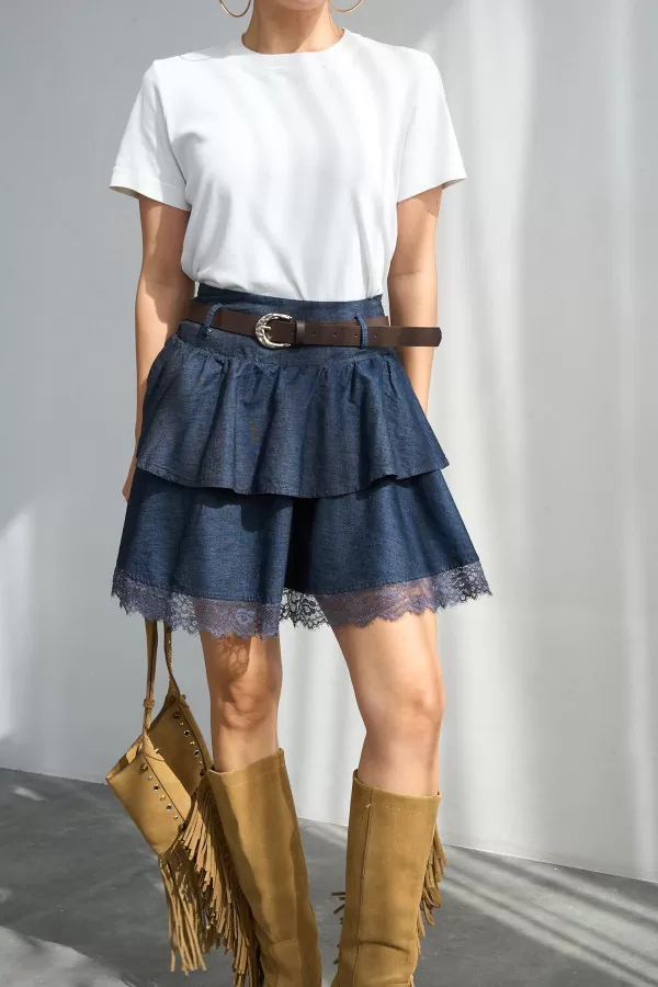 Dantel Detaylı Katlı Lacivert Mini Etek
